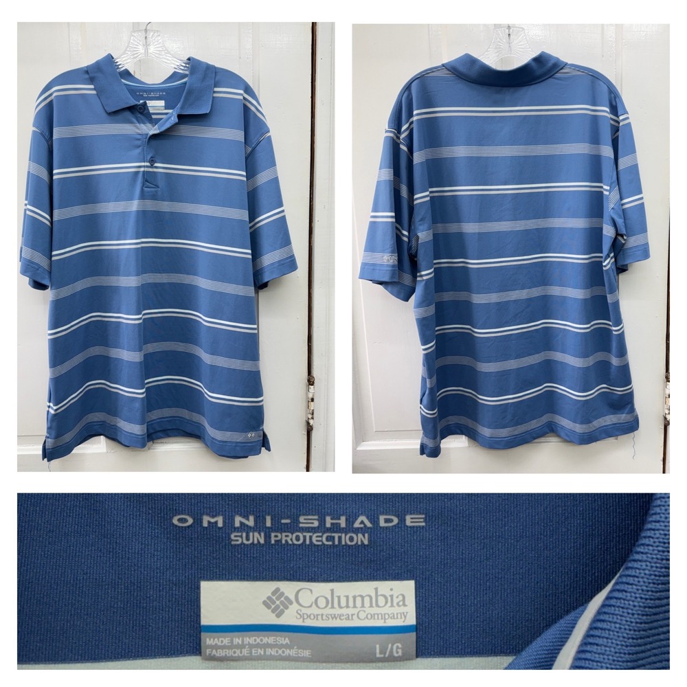 Columbia Mens Large Omni Shade Sun‎ Protection Blue White Striped Polo Shirt